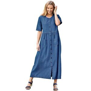 Woman Within Denim Button Dress Pockets 18W Blue Jean Short Sleeve Midi Farm